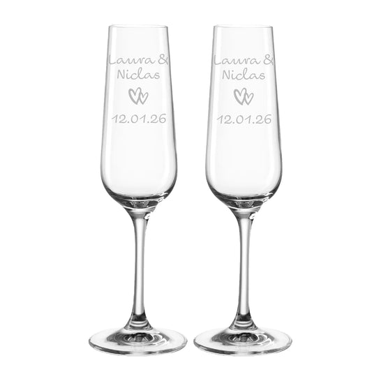 Sektglas mit *Namen, Herz, Datum – modern* | 2er Set inkl. Geschenkverpackung