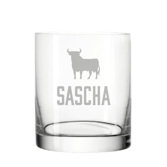Whiskyglas Veterano Style mit Stier – personalisiert mit Name