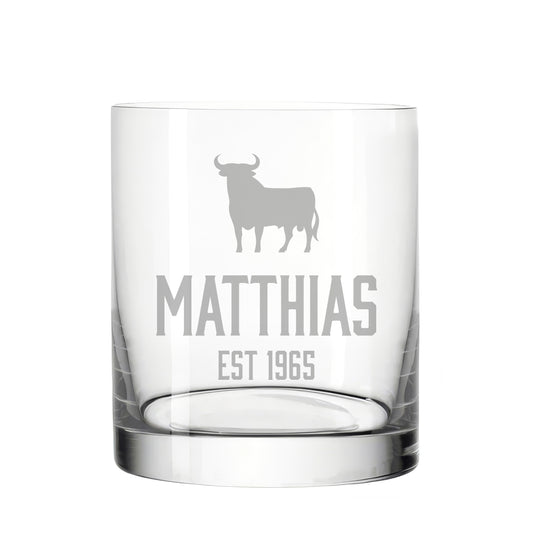 Whiskyglas Veterano Style mit Stier – personalisiert mit Name & Geburtsjahr