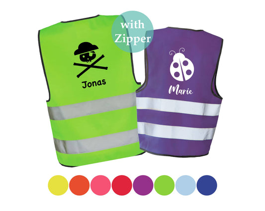 Sicherheitsweste / Warnweste mit Reißverschluss - mit Name und Motiv auf dem Rücken bedruckt