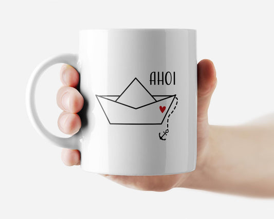 Tasse bedruckt mit Motiv Ahoi, Boot & Herz *spülmaschinengeeignet*