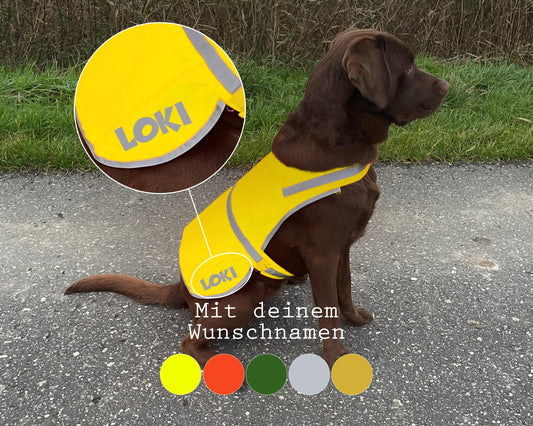 Hundeweste mit seitlichem Wunschnamen / Hunde Warnweste / Sicherheitsweste reflektierend / gelb, orange, grün, silber, gold