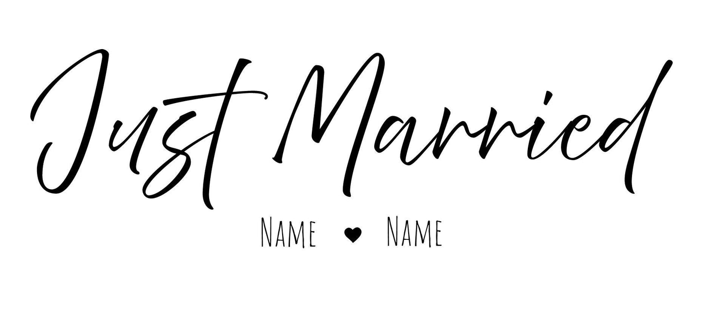 Just Married Heckscheibenaufkleber mit individuellen Namen – Perfekt für Hochzeiten – 60 cm x 18,5 cm – Wunschfarbe