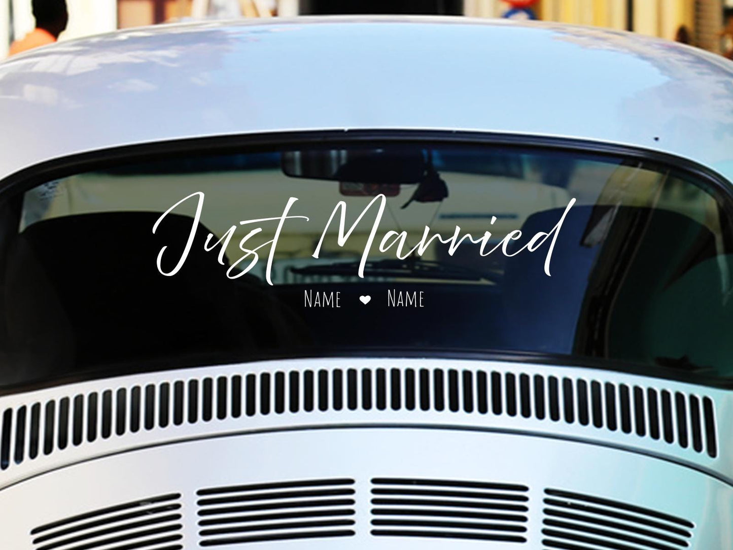 Just Married Heckscheibenaufkleber mit individuellen Namen – Perfekt für Hochzeiten – 60 cm x 18,5 cm – Wunschfarbe