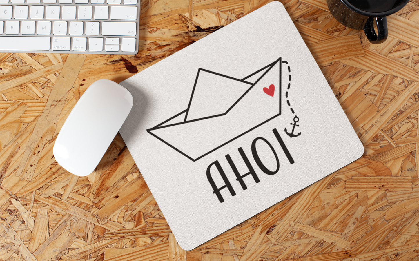 Maritimes Mousepad „Ahoi mit Boot“ – handbedruckt & waschbar