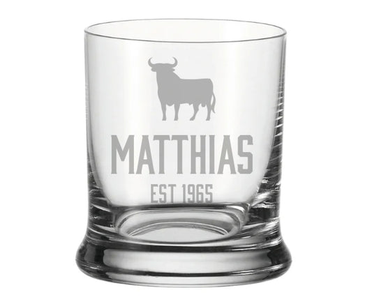 Whiskyglas Veterano Style mit Stier – personalisiert mit Name & Geburtsjahr - Geschenk für Männer