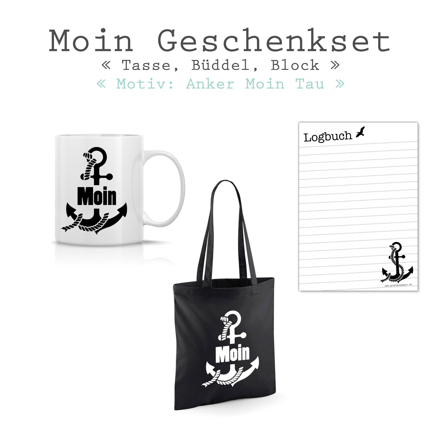 GESCHENKSET Motiv *Anker Moin Tau* Tasse + Büddel + Block