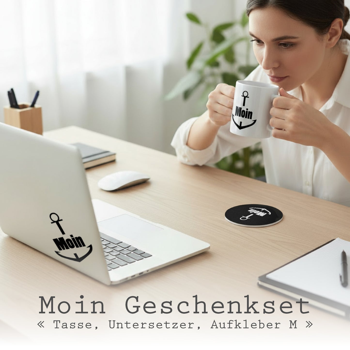 GESCHENKSET Motiv *Anker Moin* Tasse + Untersetzer + Aufkleber