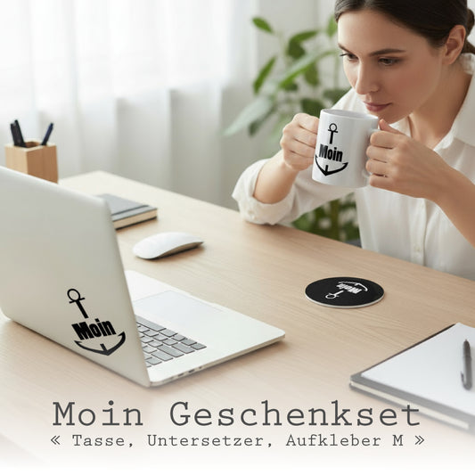 GESCHENKSET Motiv *Anker Moin* Tasse + Untersetzer + Aufkleber