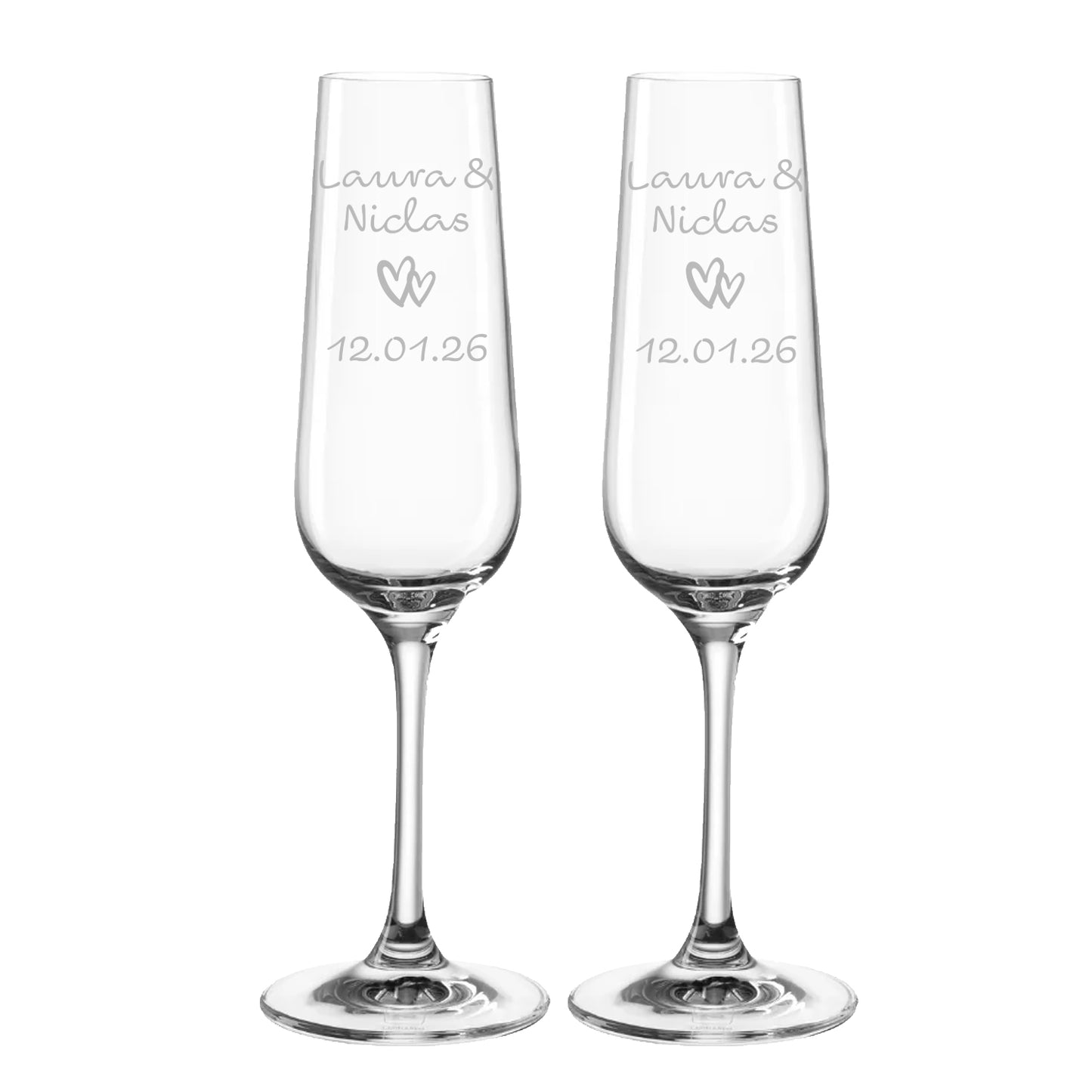 Personalisierte Sektgläser mit Namen, Herz & Datum – 2er-Set inkl. Geschenkverpackung
