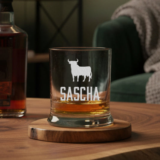 Whiskyglas Veterano Style mit Stier – personalisiert mit Name