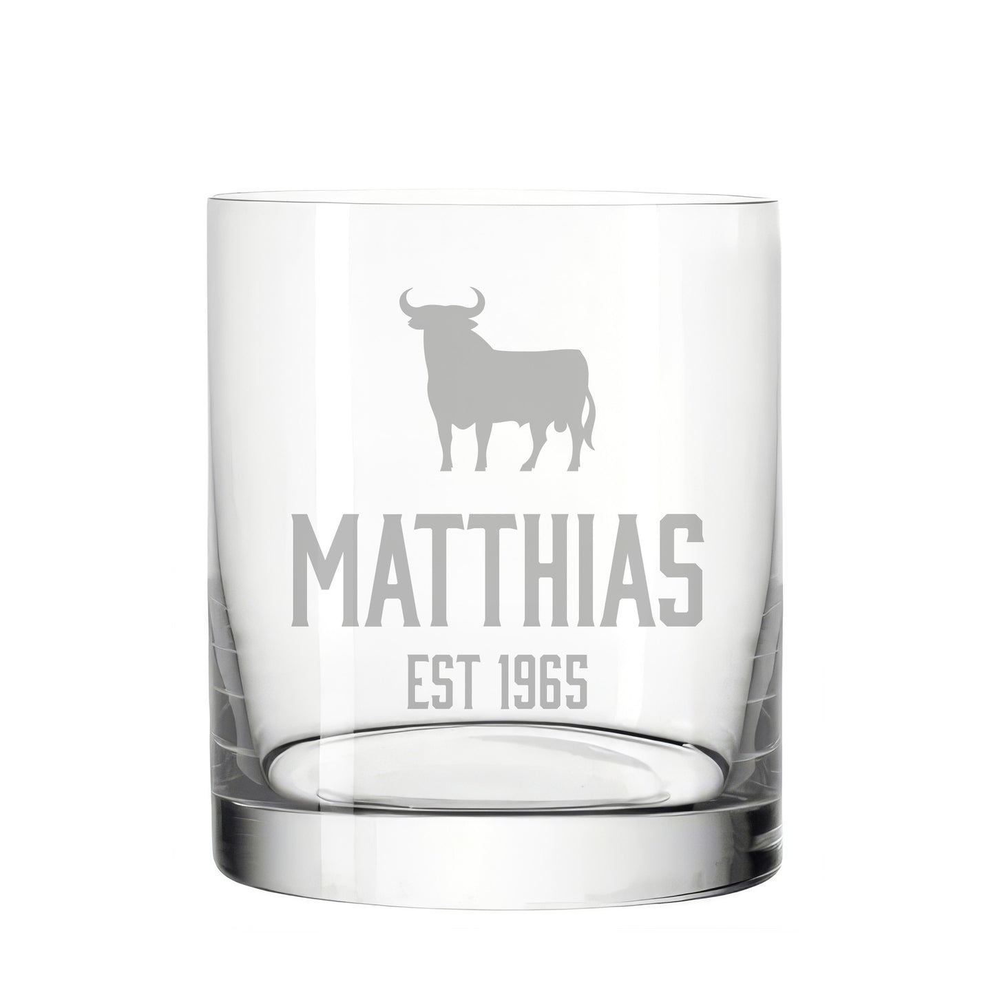 Whiskyglas Veterano Style mit Stier – personalisiert mit Name & Geburtsjahr